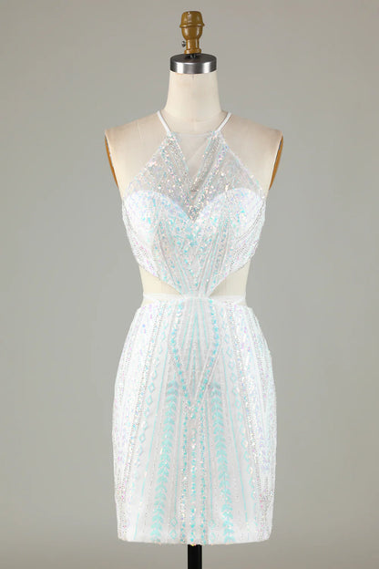 Halter Sparkly White Homecoming Dress With Lace-Up Back