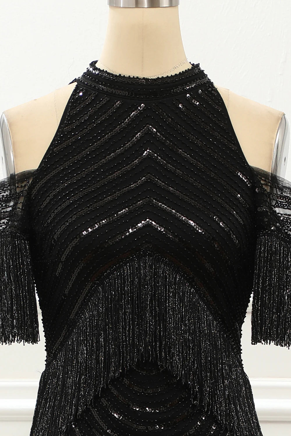 Halter Sequin Glitter Black Prom Dress With Fringes