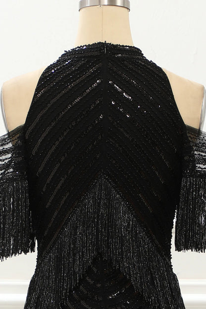 Halter Sequin Glitter Black Prom Dress With Fringes