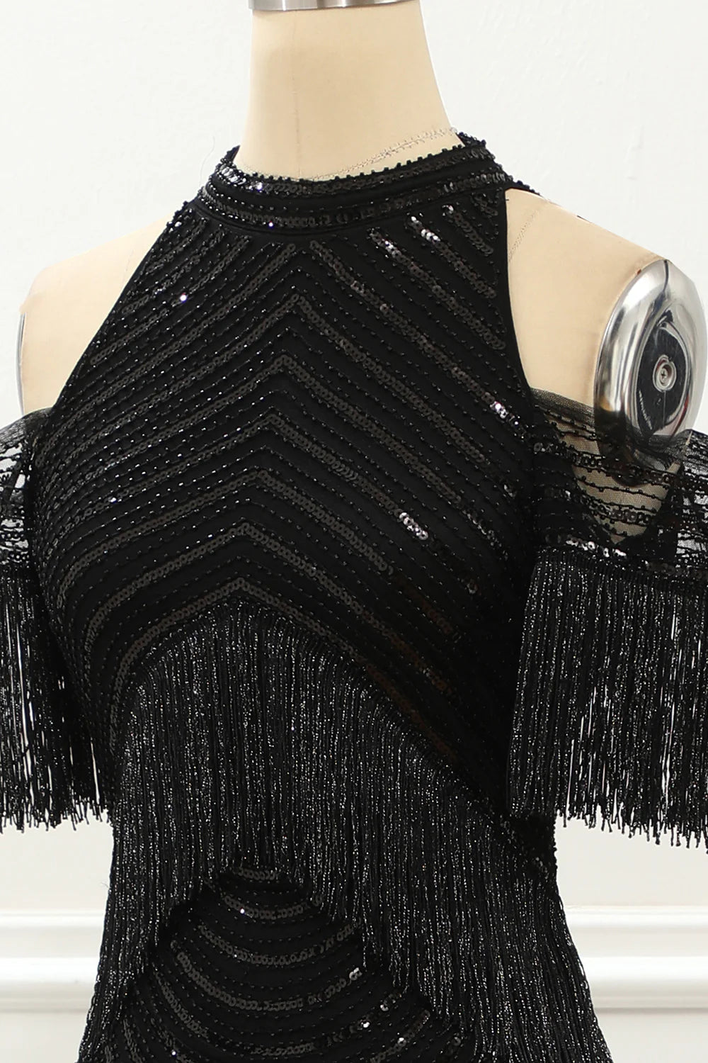 Halter Sequin Glitter Black Prom Dress With Fringes