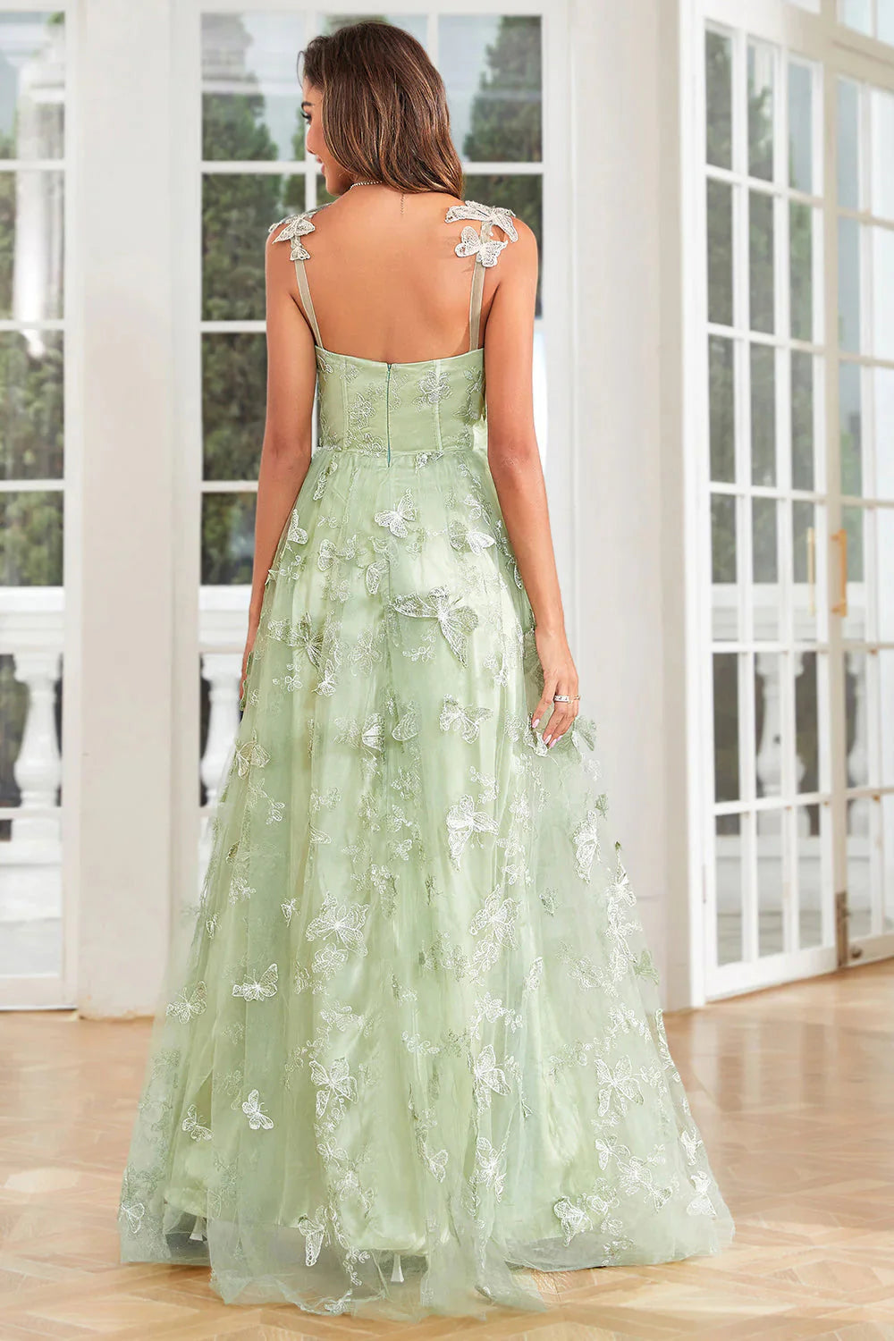 A Line Square Neck Corset Prom Dress With 3D Butterflies