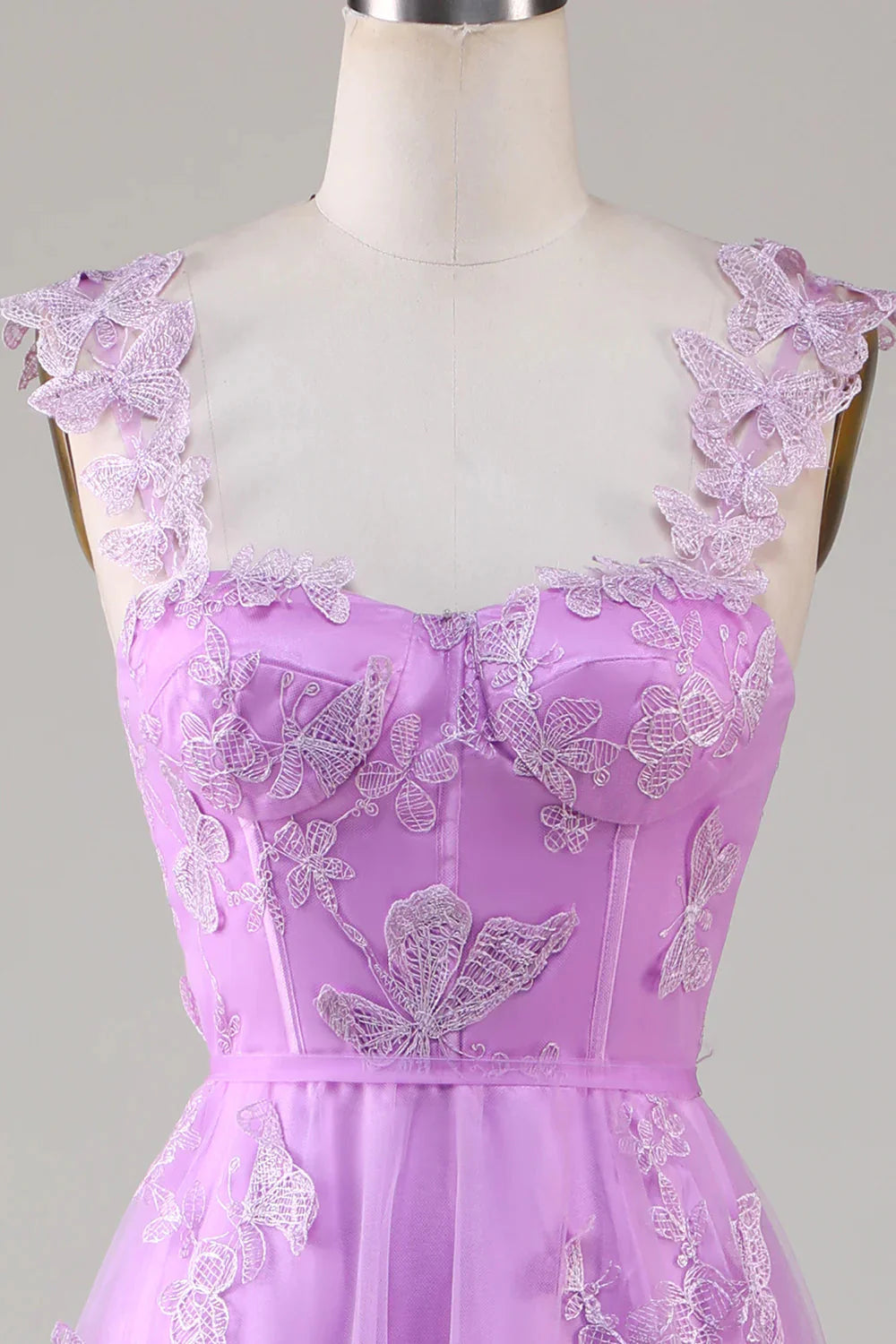 A Line Square Neck Corset Prom Dress With 3D Butterflies