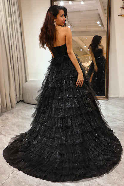 Trendy A Line Ruffles Glitter Sweetheart Corset Prom Dress With Slit