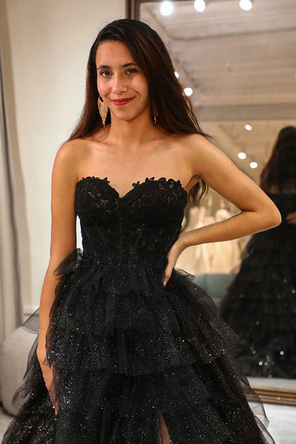 Trendy A Line Ruffles Glitter Sweetheart Corset Prom Dress With Slit