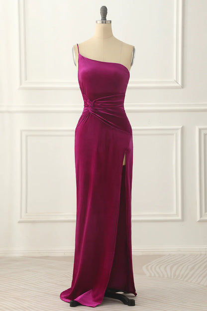 Fuchsia Velvet One Shoulder Prom Dress With Slit