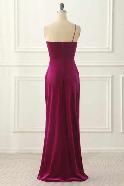 Fuchsia Velvet One Shoulder Prom Dress With Slit