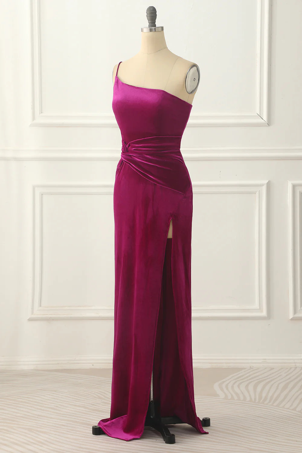 Fuchsia Velvet One Shoulder Prom Dress With Slit