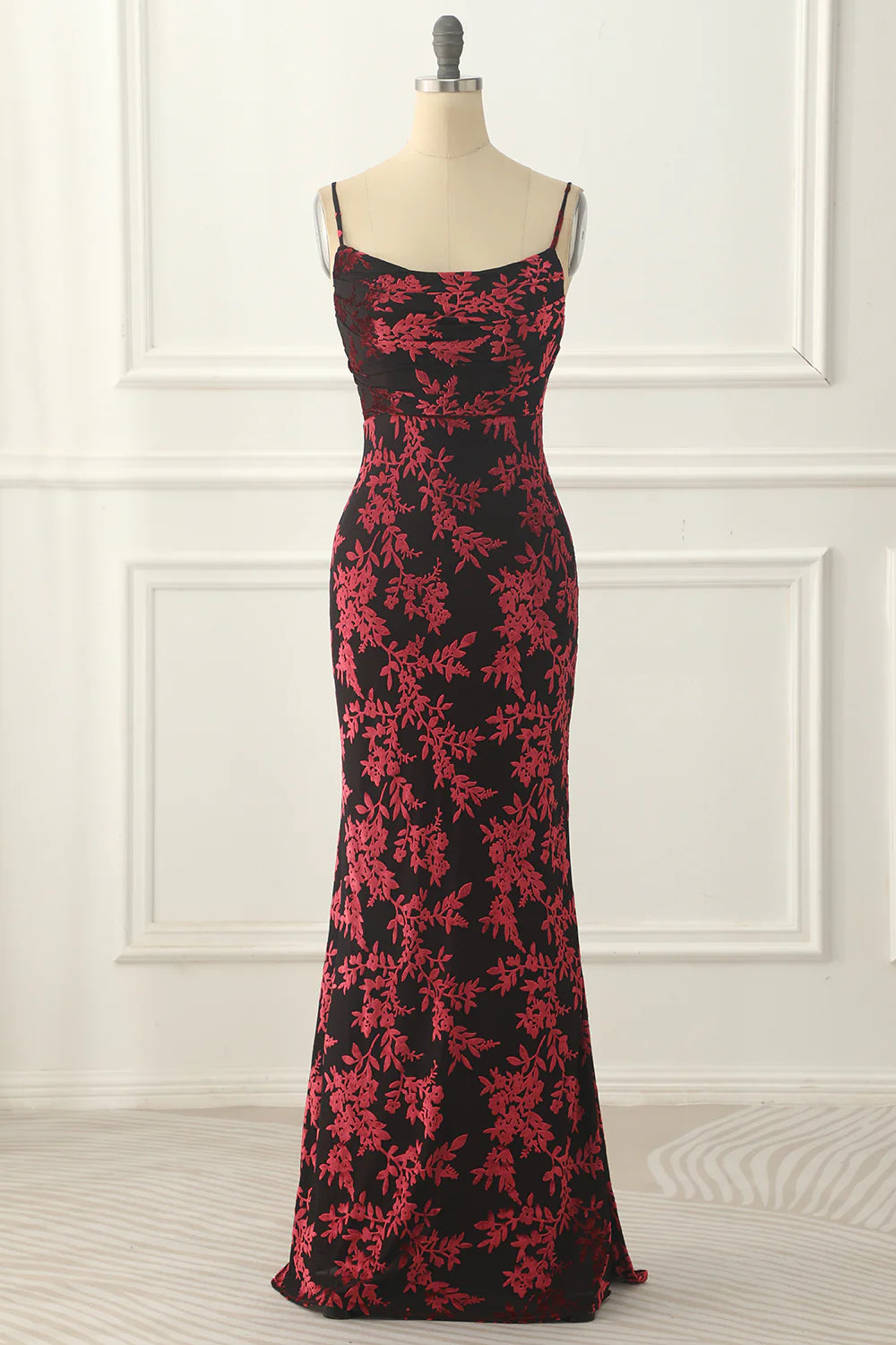 Thin shoulder strap Sheath Floral Burnout Velvet Prom Dress