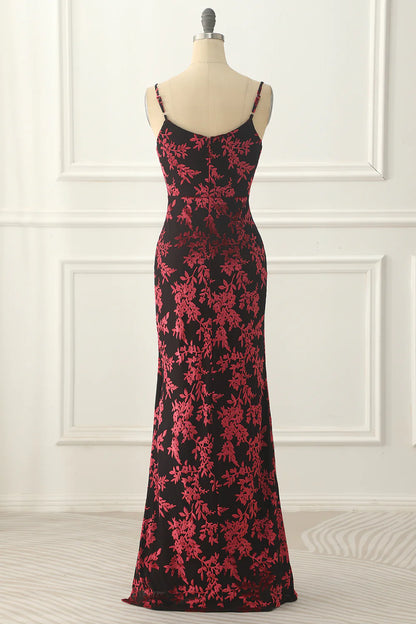 Thin shoulder strap Sheath Floral Burnout Velvet Prom Dress