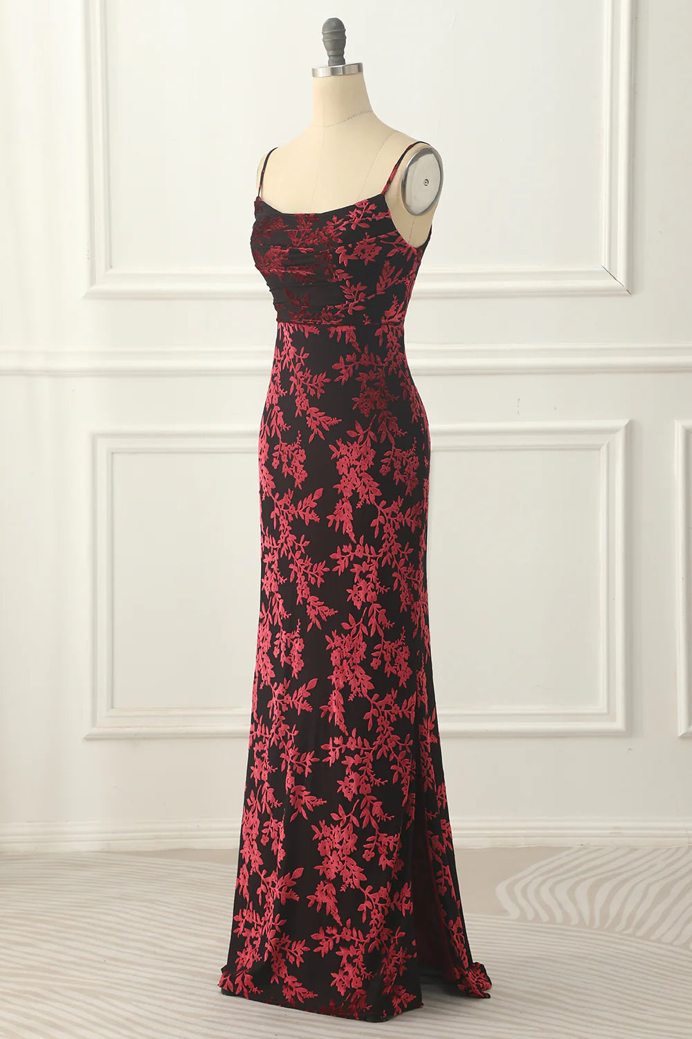 Thin shoulder strap Sheath Floral Burnout Velvet Prom Dress