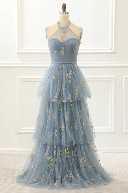 Hanging neck style A Line Halter Tulle Prom Dress With Embroidery