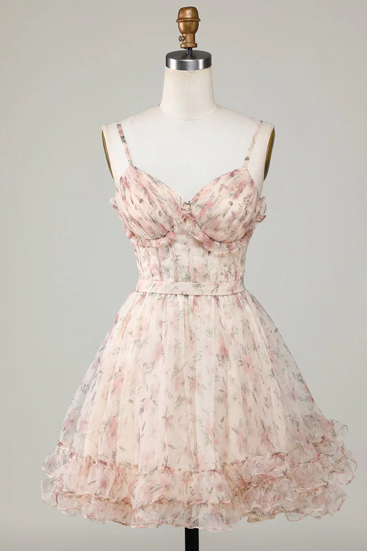 A-Line Corset Floral Short Champagne Homecoming Dress