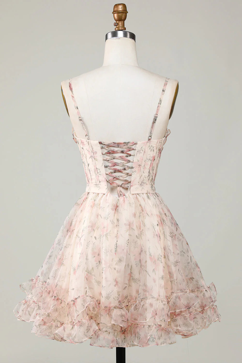 A-Line Corset Floral Short Champagne Homecoming Dress