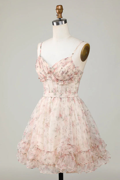 A-Line Corset Floral Short Champagne Homecoming Dress