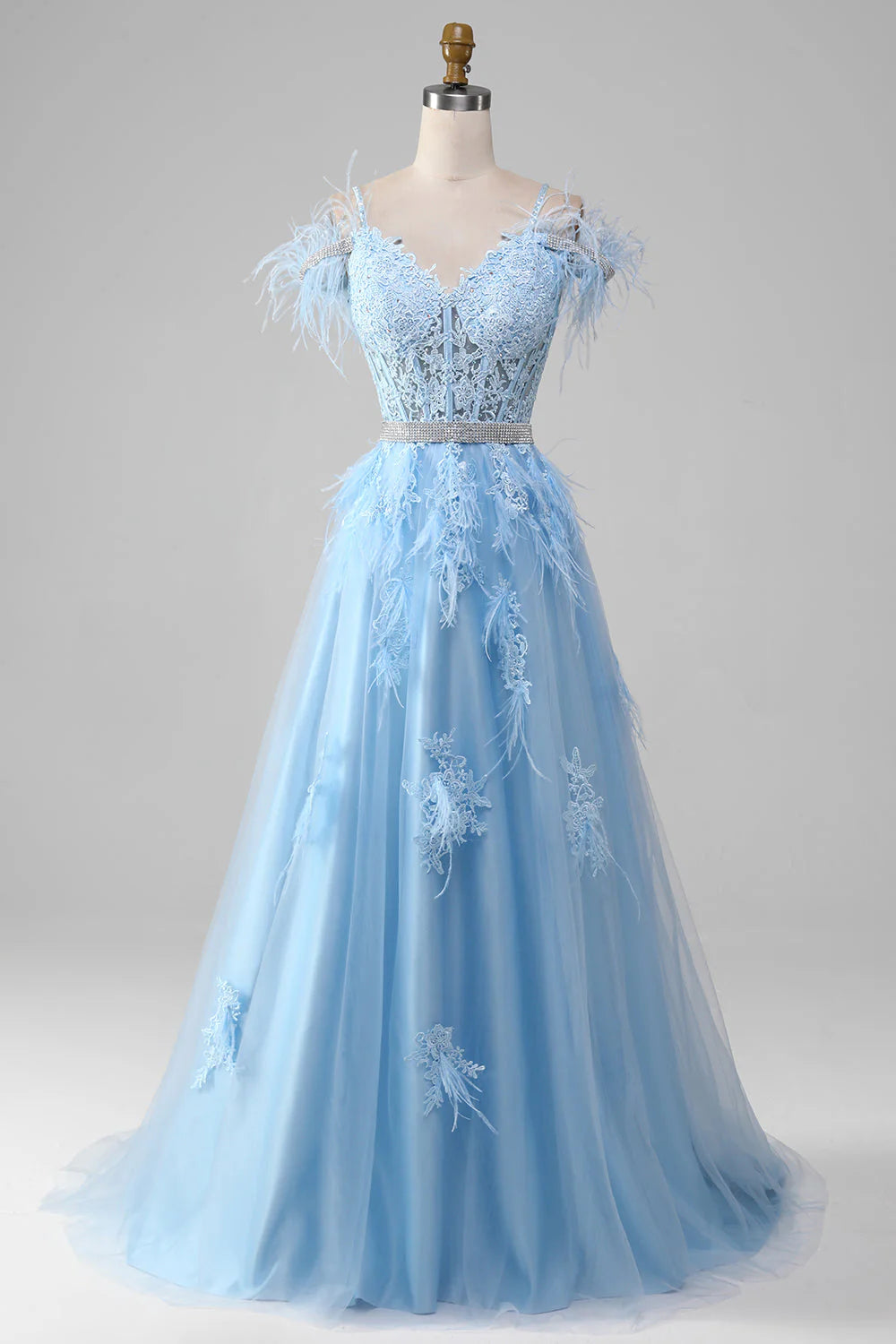 A-Line Rhinestones Accents Corset Light Blue Prom Dress With Appliques