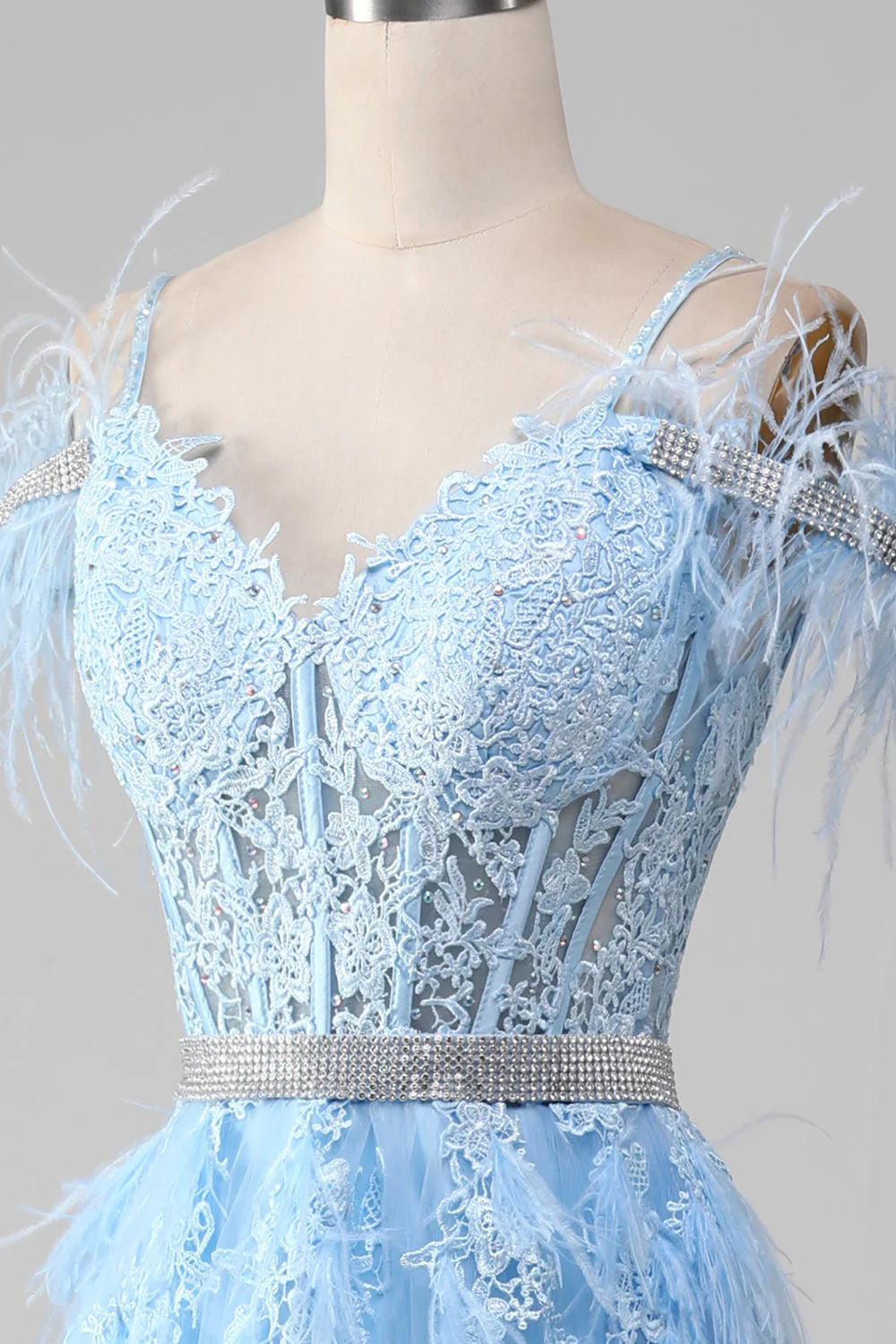 A-Line Rhinestones Accents Corset Light Blue Prom Dress With Appliques