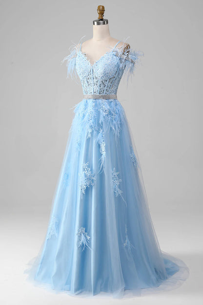 A-Line Rhinestones Accents Corset Light Blue Prom Dress With Appliques