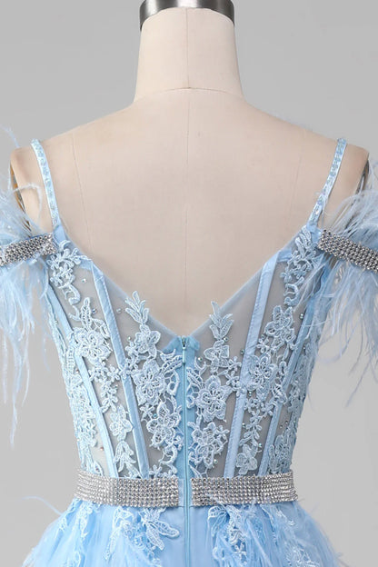 A-Line Rhinestones Accents Corset Light Blue Prom Dress With Appliques