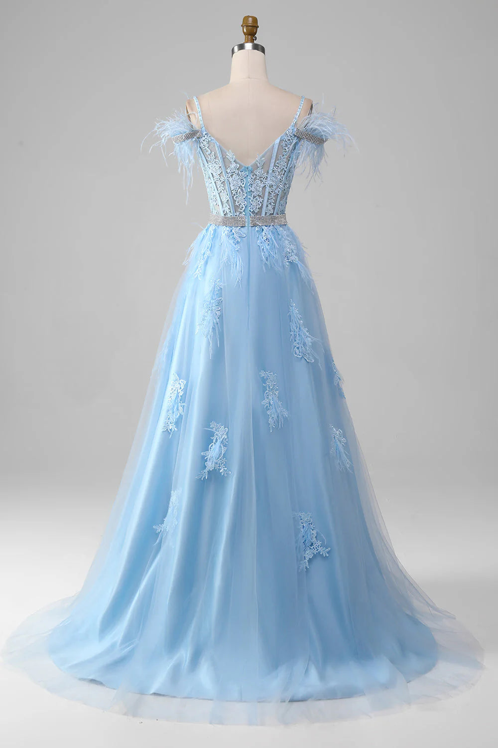 A-Line Rhinestones Accents Corset Light Blue Prom Dress With Appliques