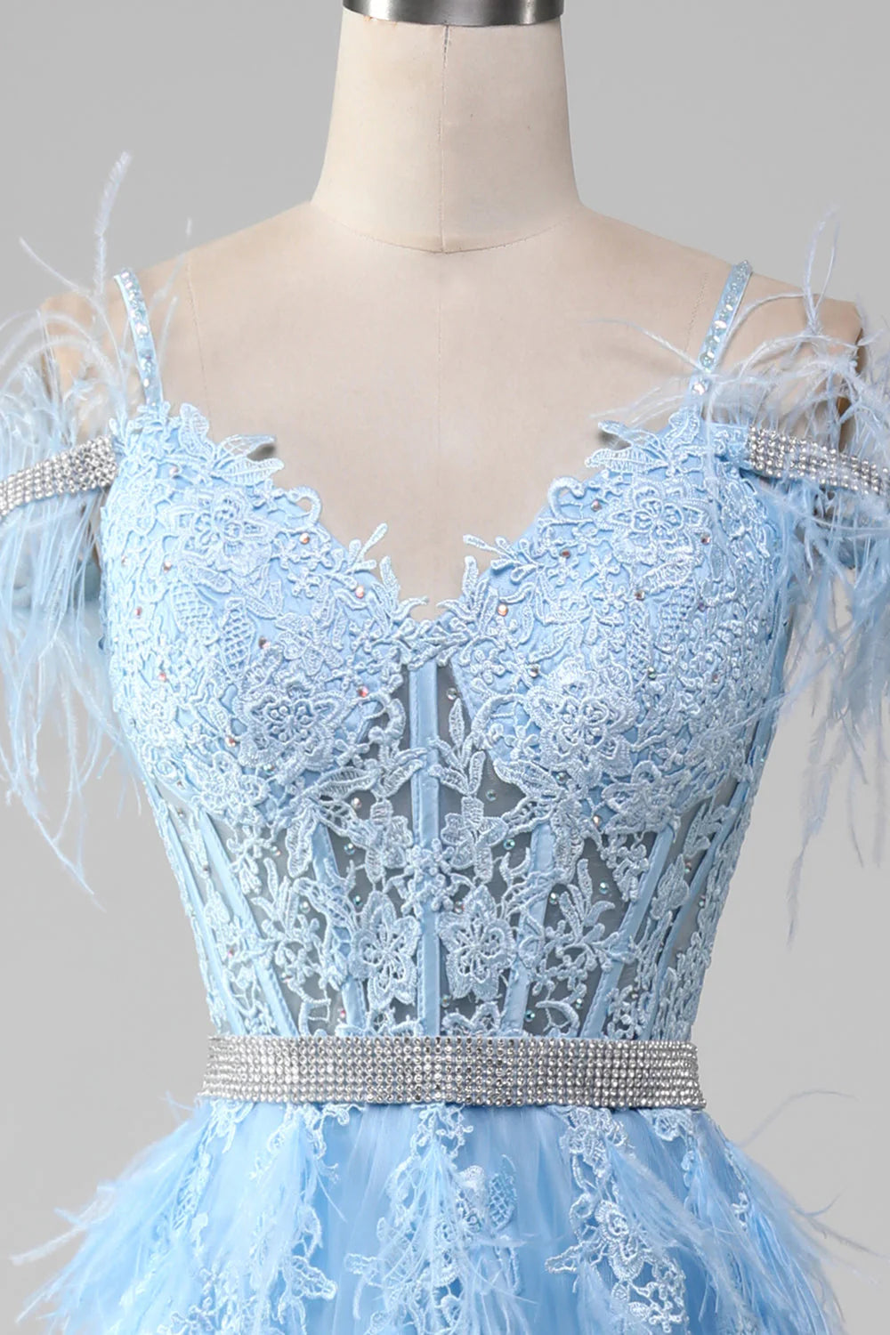 A-Line Rhinestones Accents Corset Light Blue Prom Dress With Appliques