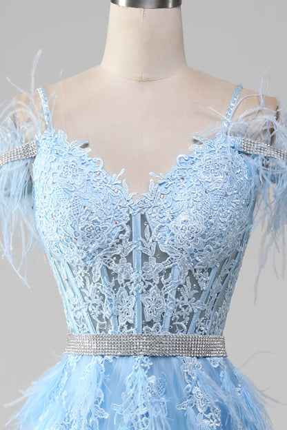 A-Line Rhinestones Accents Corset Light Blue Prom Dress With Appliques