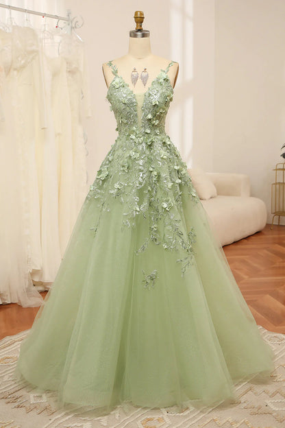 A Line Spaghetti Straps Tulle Long Prom Dress With Appliques