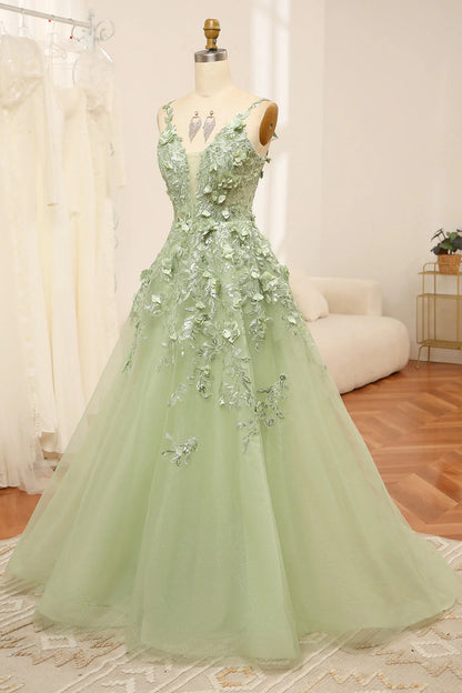 A Line Spaghetti Straps Tulle Long Prom Dress With Appliques