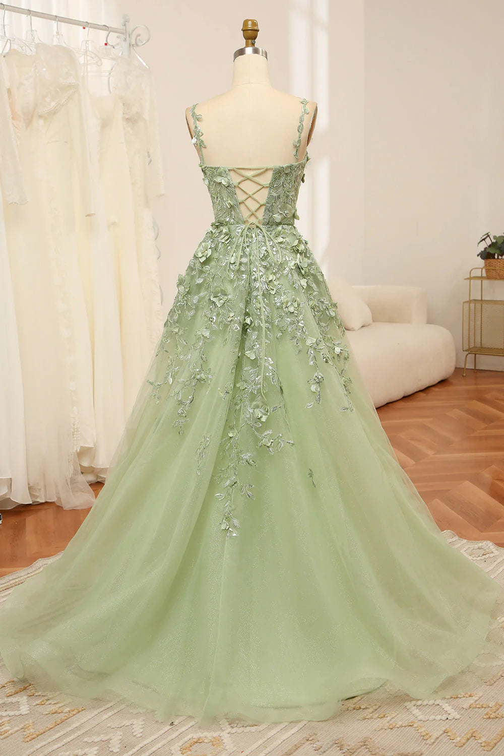 A Line Spaghetti Straps Tulle Long Prom Dress With Appliques