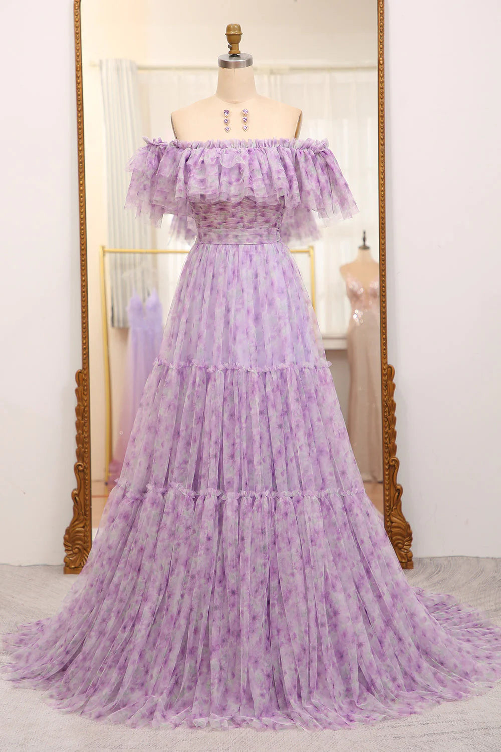 A Line Off The Shoulder Pleated Long Tulle Light Purple  Prom Dress