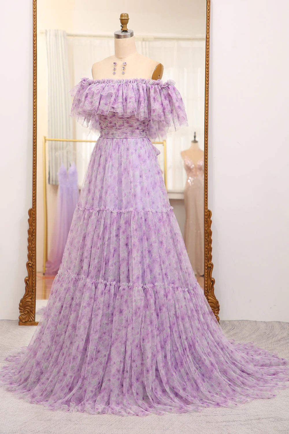 A Line Off The Shoulder Pleated Long Tulle Light Purple  Prom Dress