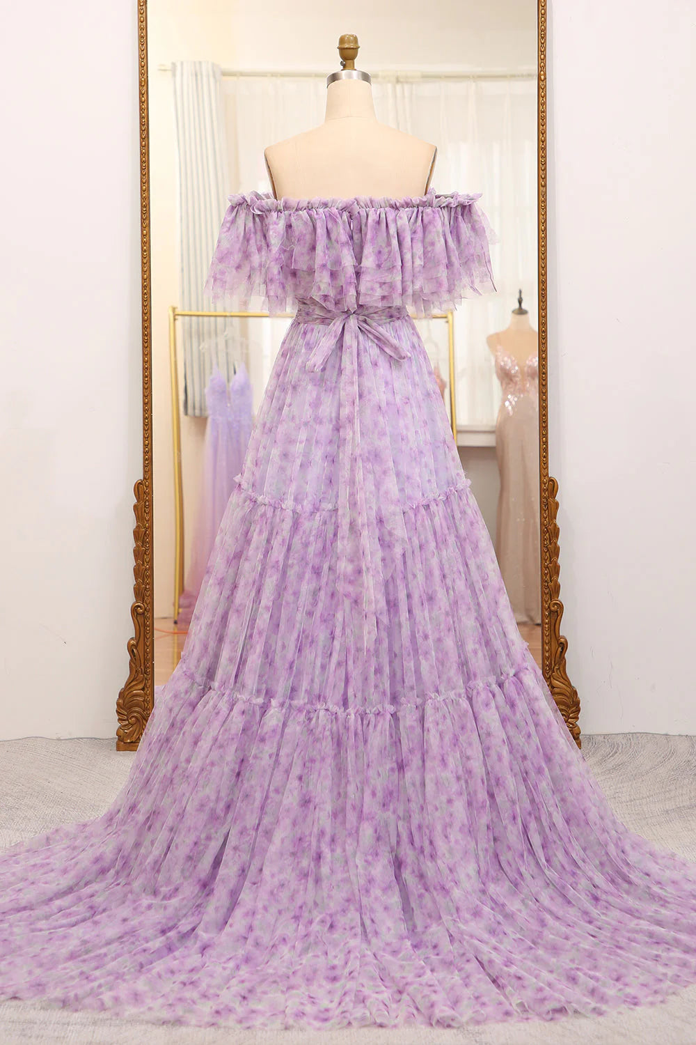 A Line Off The Shoulder Pleated Long Tulle Light Purple  Prom Dress