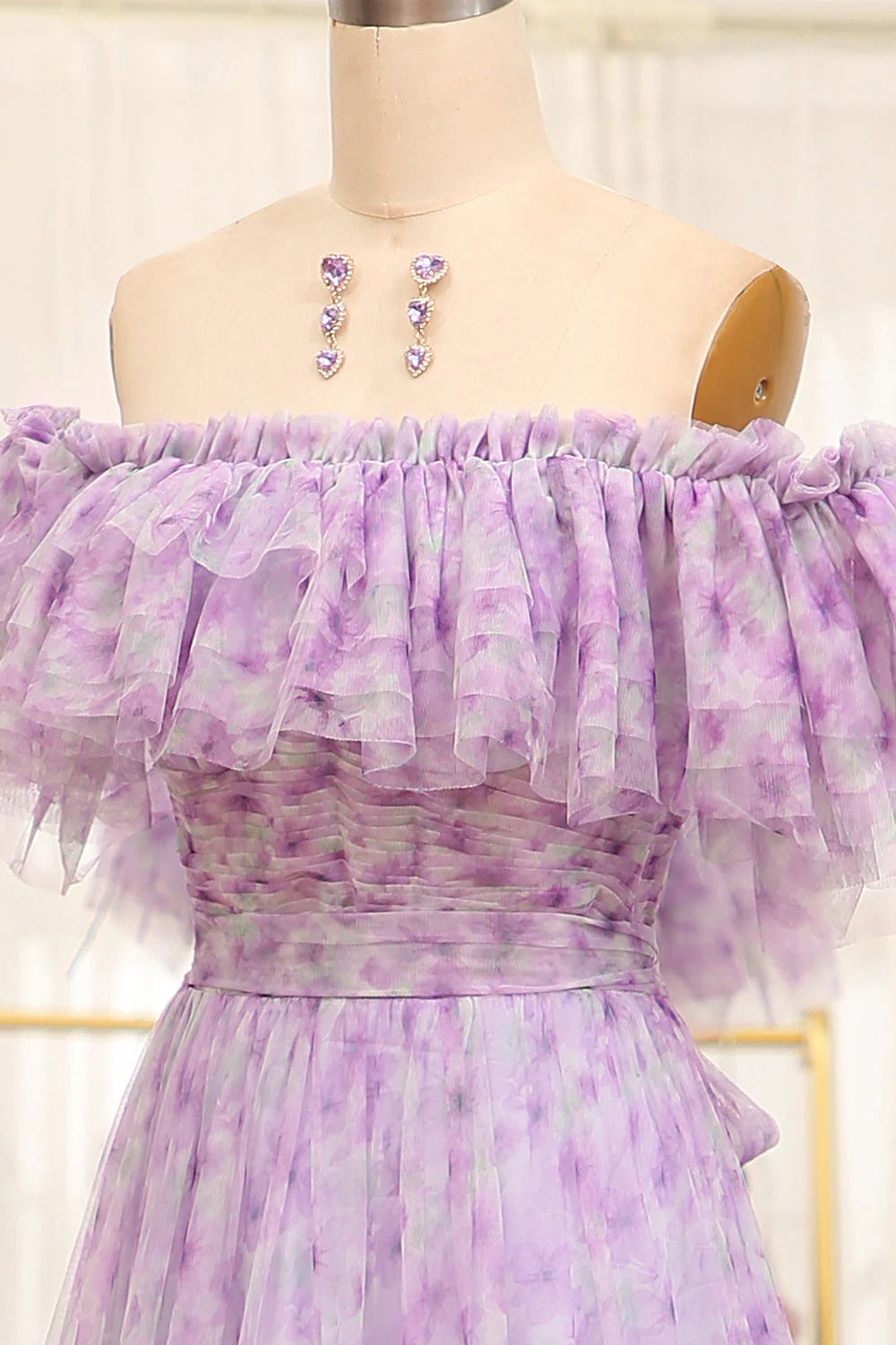 A Line Off The Shoulder Pleated Long Tulle Light Purple  Prom Dress