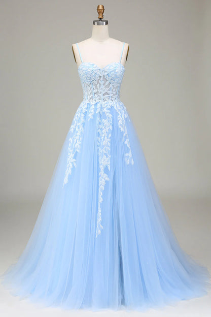 A-Line Spaghetti Straps Tulle Sky Blue Prom Dress With Appliques