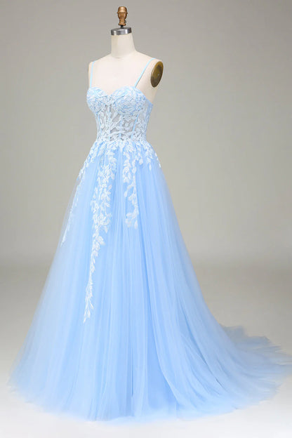 A-Line Spaghetti Straps Tulle Sky Blue Prom Dress With Appliques