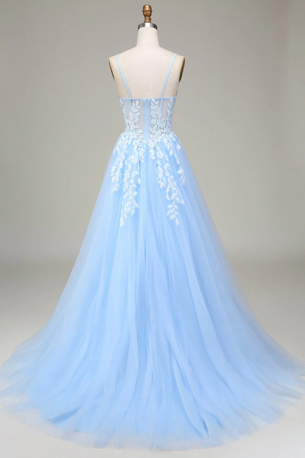 A-Line Spaghetti Straps Tulle Sky Blue Prom Dress With Appliques