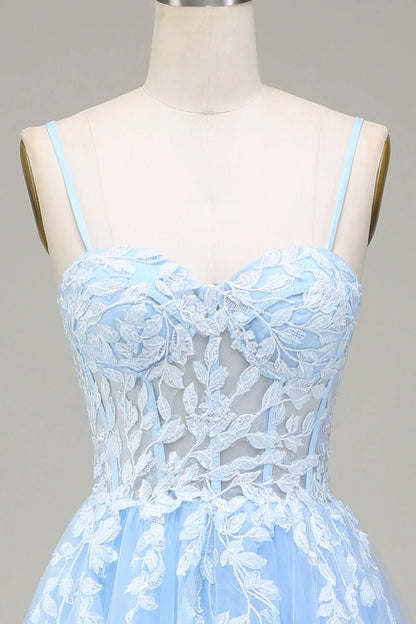 A-Line Spaghetti Straps Tulle Sky Blue Prom Dress With Appliques