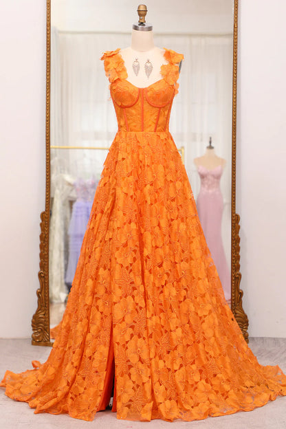 A-Line Spaghetti Straps Applique Corset Orange Long Prom Dress With Slit