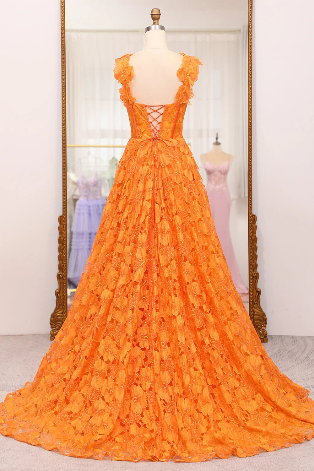 A-Line Spaghetti Straps Applique Corset Orange Long Prom Dress With Slit