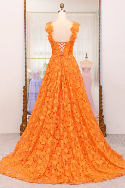 A-Line Spaghetti Straps Applique Corset Orange Long Prom Dress With Slit