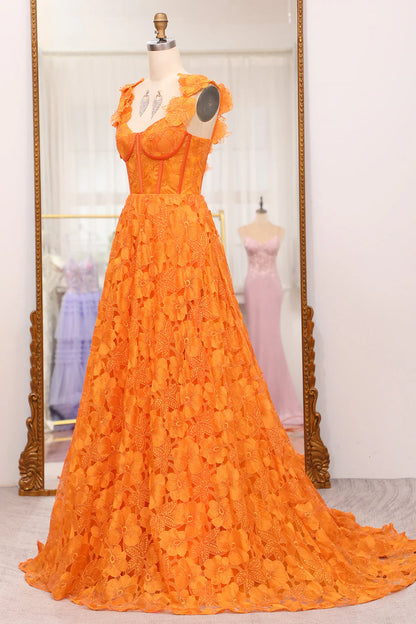 A-Line Spaghetti Straps Applique Corset Orange Long Prom Dress With Slit