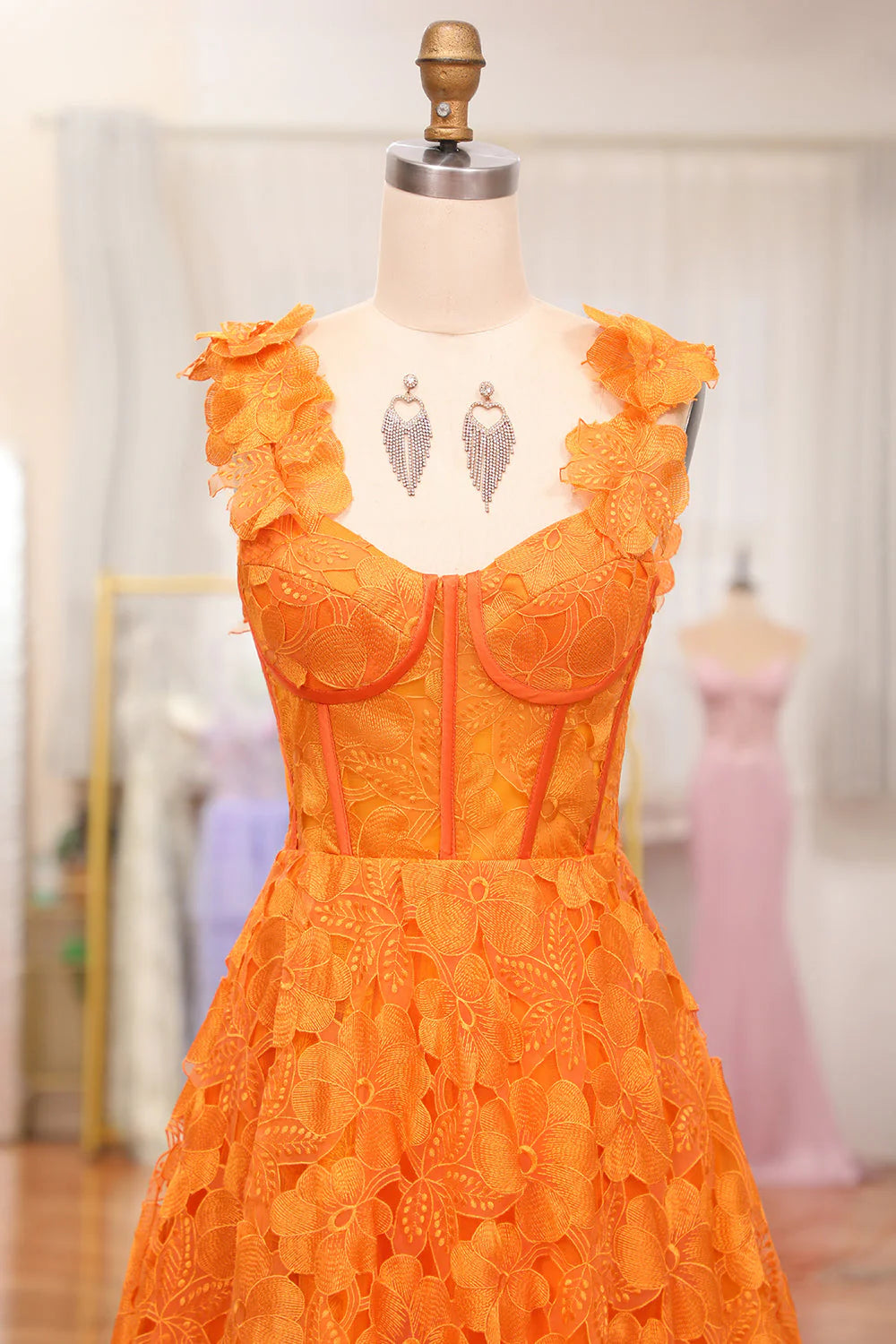 A-Line Spaghetti Straps Applique Corset Orange Long Prom Dress With Slit