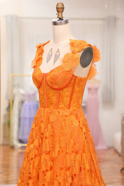 A-Line Spaghetti Straps Applique Corset Orange Long Prom Dress With Slit