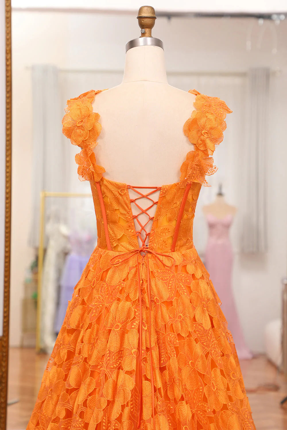 A-Line Spaghetti Straps Applique Corset Orange Long Prom Dress With Slit