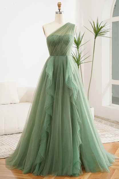 A Line Pleated One Shoulder Tulle Long Prom Dress