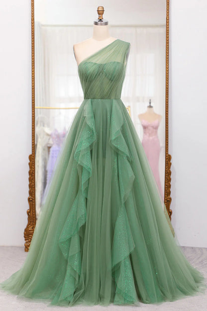 A-Line Dark Green Sparkly One Shoulder Long Tulle Prom Dress