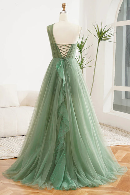 A Line Pleated One Shoulder Tulle Long Prom Dress