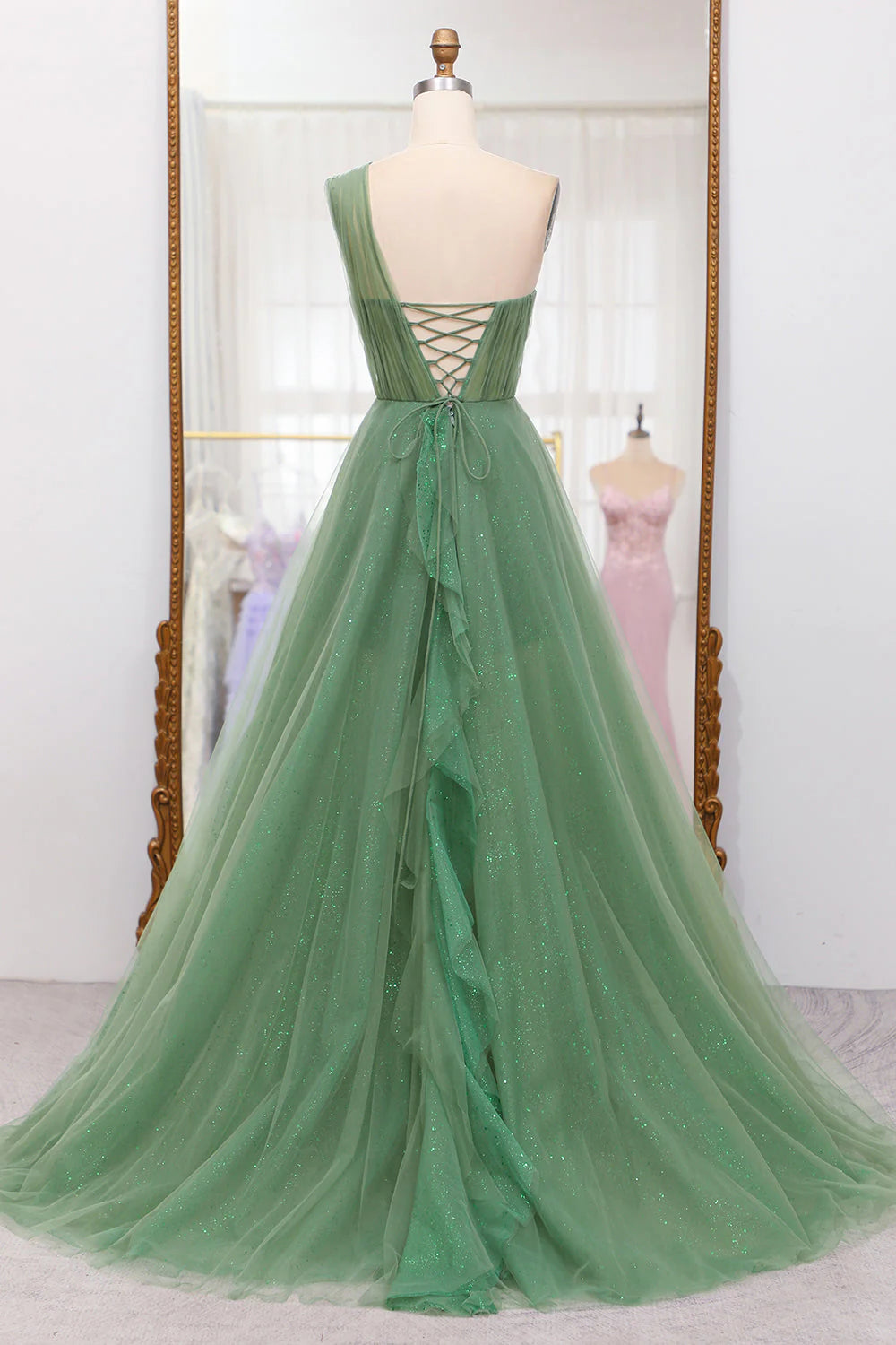 A-Line Dark Green Sparkly One Shoulder Long Tulle Prom Dress