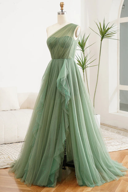 A Line Pleated One Shoulder Tulle Long Prom Dress