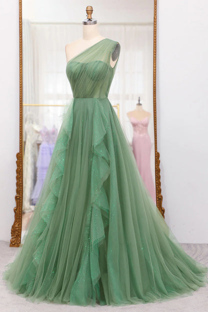 A-Line Dark Green Sparkly One Shoulder Long Tulle Prom Dress