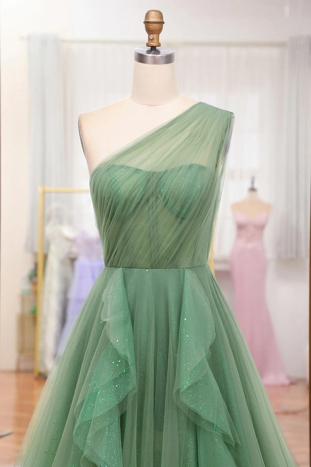 A-Line Dark Green Sparkly One Shoulder Long Tulle Prom Dress